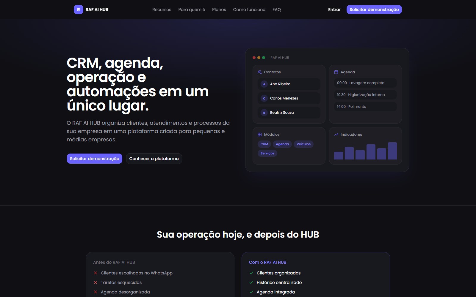 Página inicial do RAF AI HUB, plataforma própria de CRM, agenda e automações
