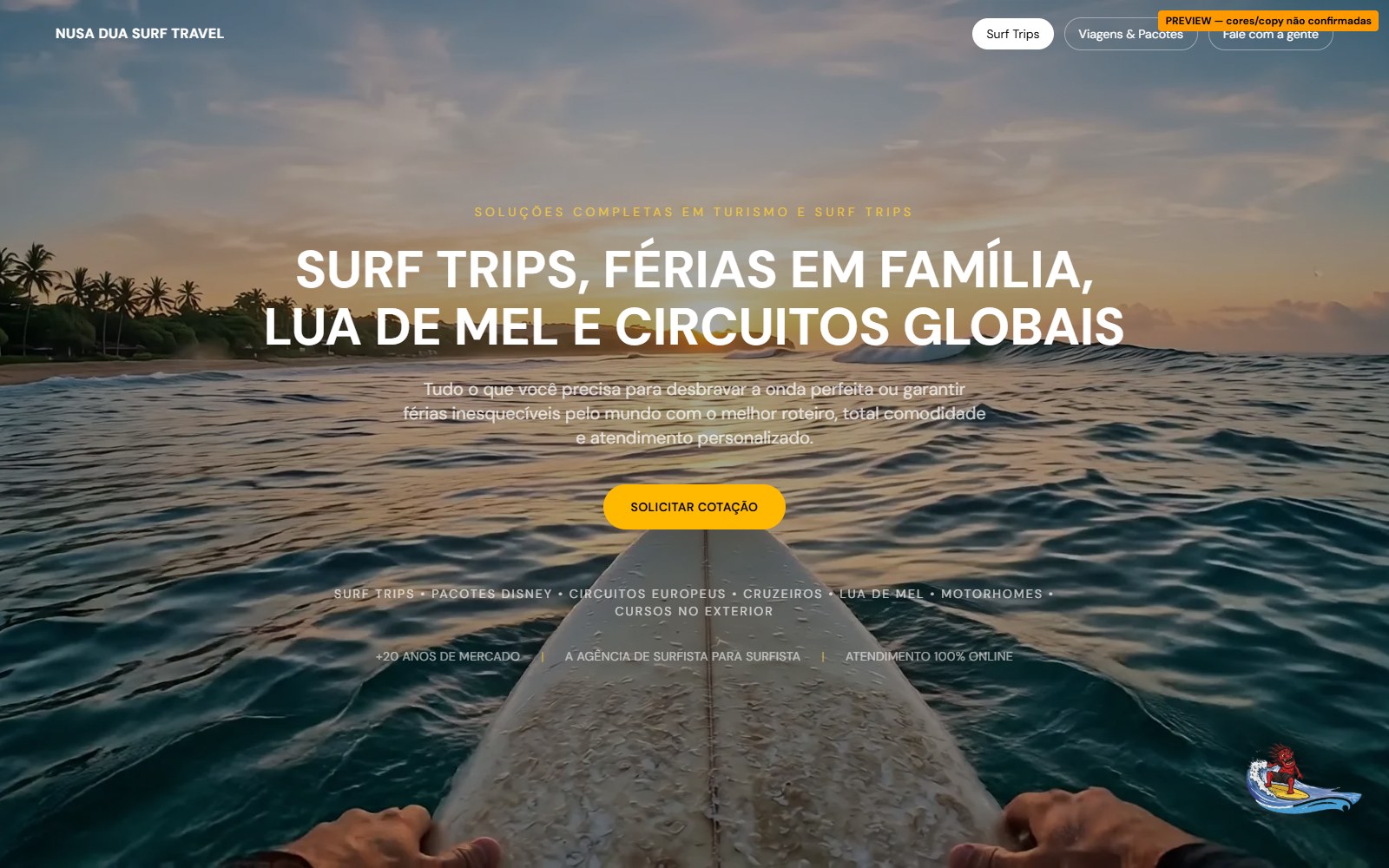 Site da Nusa Dua Surf Travel com vídeo de surf em tela cheia