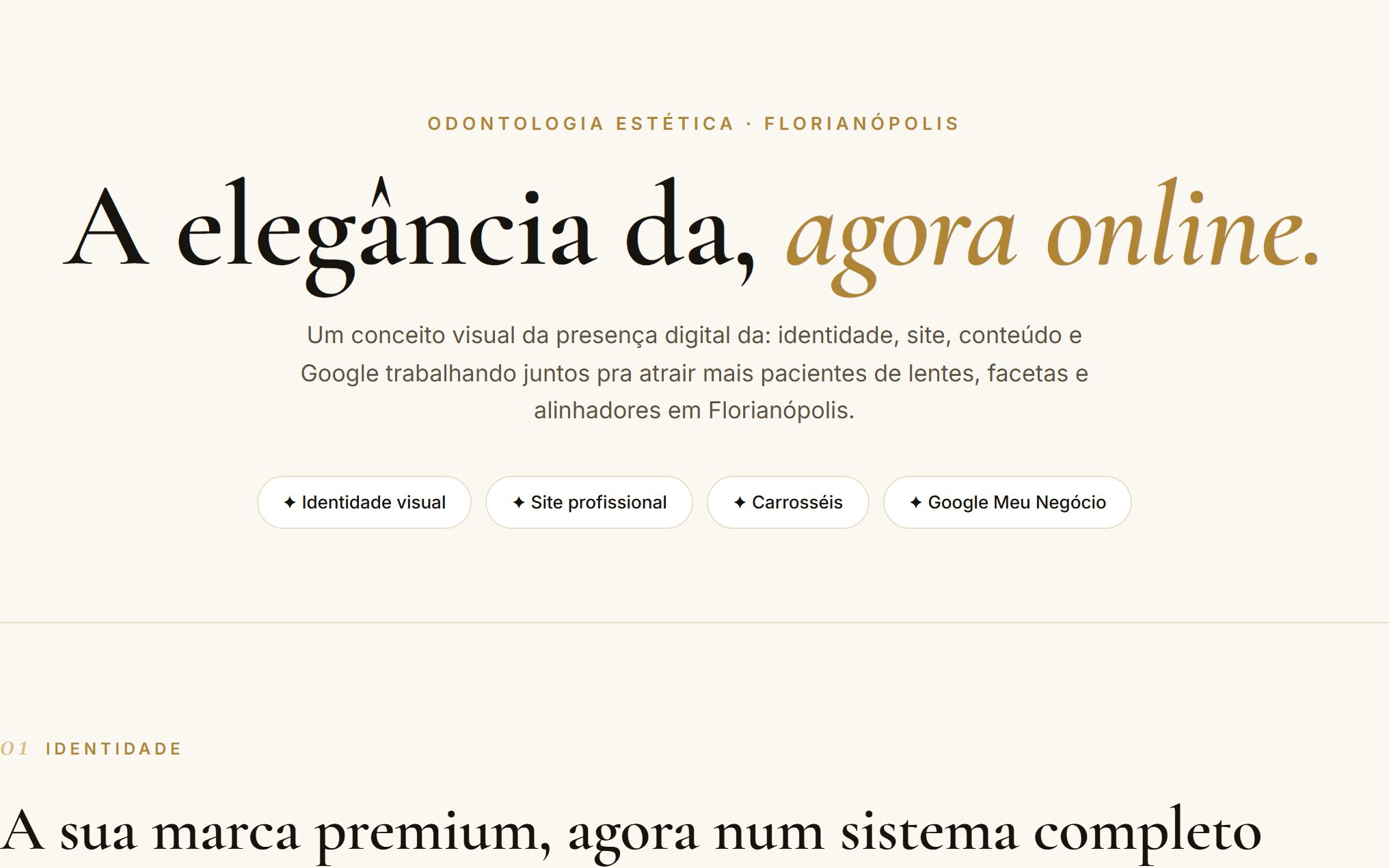 Site premium com identidade creme e dourado para uma clínica de odontologia estética